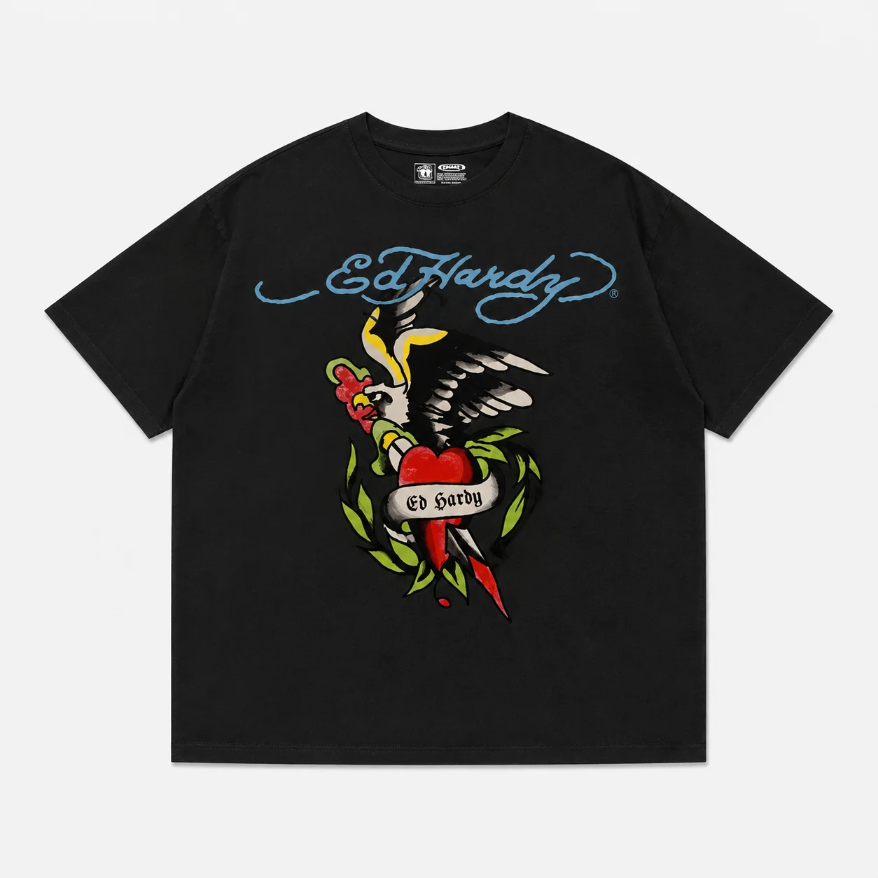 Ed Hardy Swallow Bird Red Heart Flower Leaves Gothic Banner Print T Shirt Unisex Loose Oversized Harajuku Streetwear Cotton