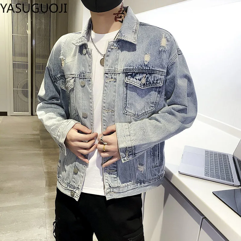 New 2024 Hip Pop Men Denim Jackets Japanese Cartoon Printed Loose Graffiti Jacket Frayed Coat Fashion Jean Jacket Men