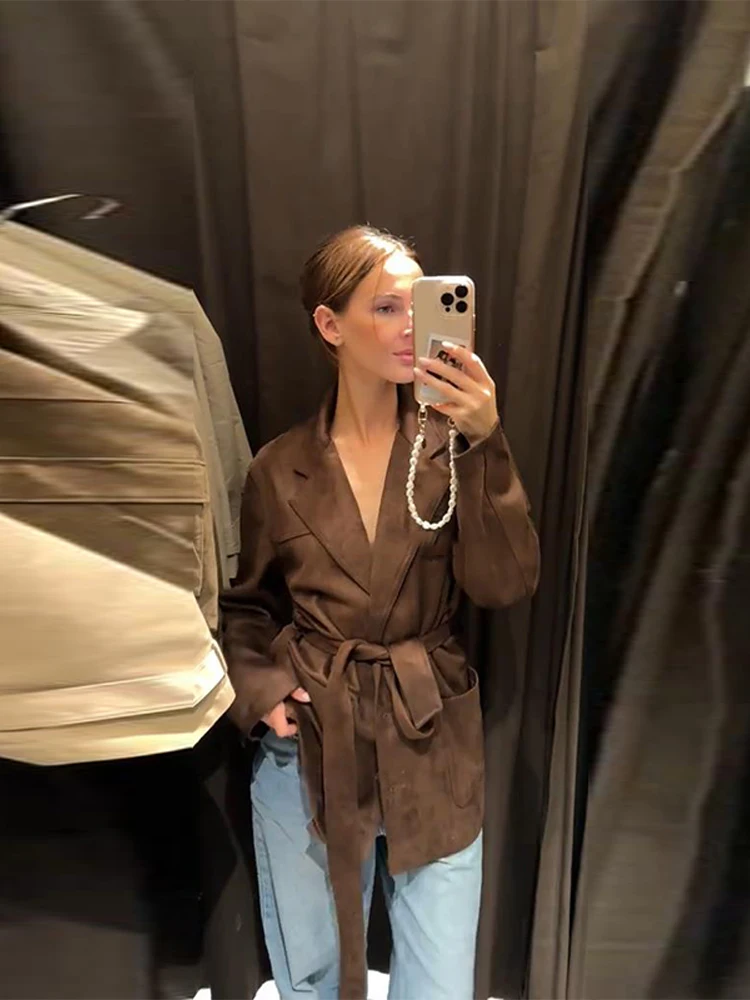 Vintage rue daim vestes femmes revers ample manches longues ceinture manteaux femme automne Chic mode solide vêtements d'extérieur dame