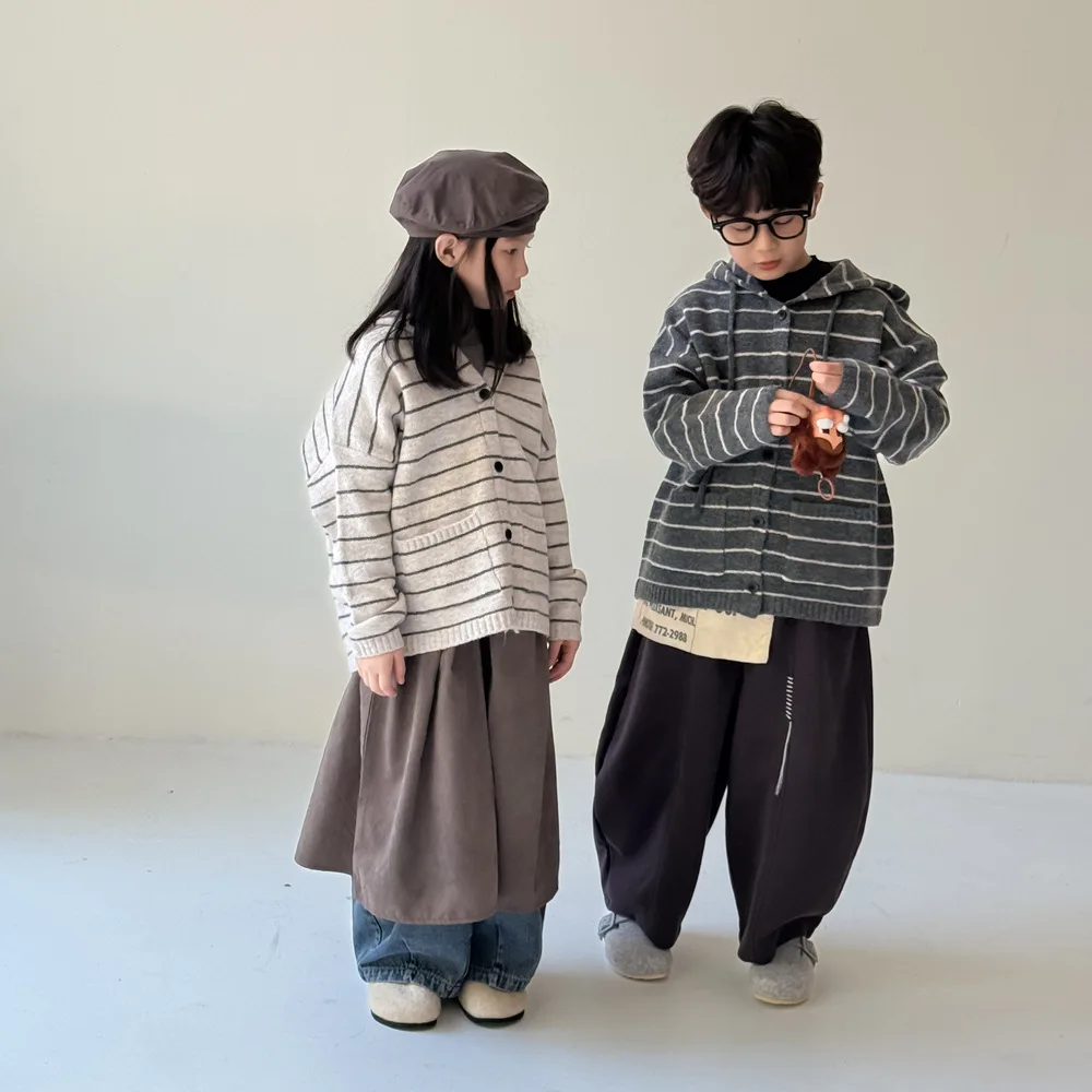 Spring Kids Boys Knitted Coats Striped Children Boys Long Sleeve Hoodies Knitwear Casual Sollid Hooded Toddler Baby Boy Cardigan