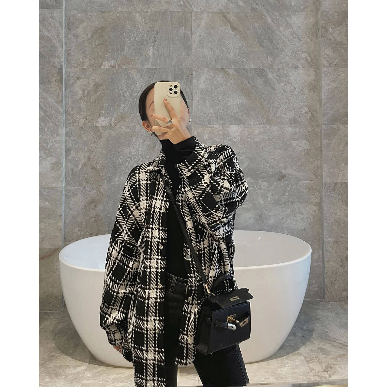 2022 Woman Oem Plaid Tweed Oversize Heavy Blouses Shirts Cardigans Jackets Clothing Korean Fashion Tops Vintage Autumn Winter