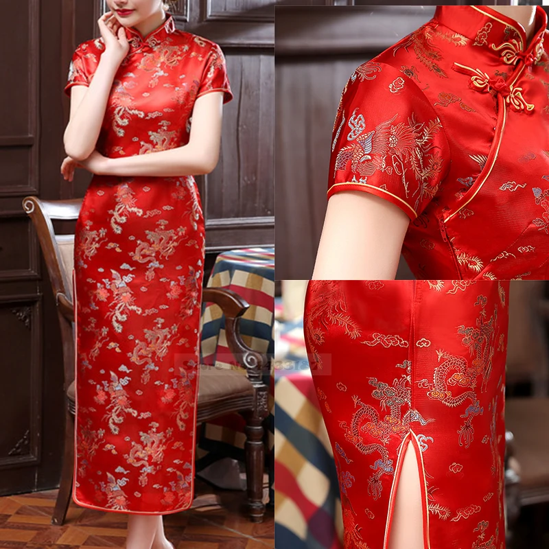 Chinese Style Female Qipao Plus Size Satin Cheongsam Exquisite Classic Dragon Phoenix Chinese Dress Sexy Long Vestidos 5XL 6XL