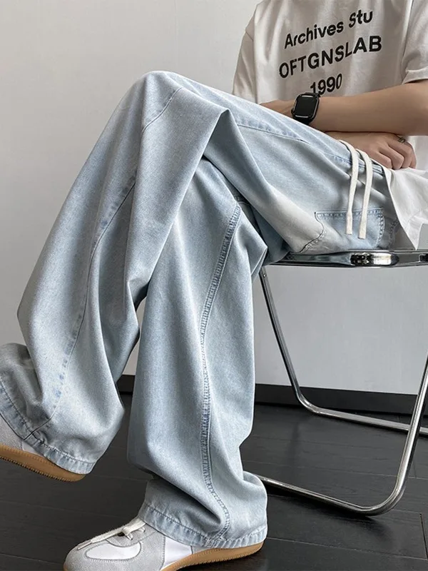 

Светло-голубые мужские джинсы из ледяного шелка, летние тонкие свободные прямые брюки с широкими штанинами, модные американские ретро-брюки