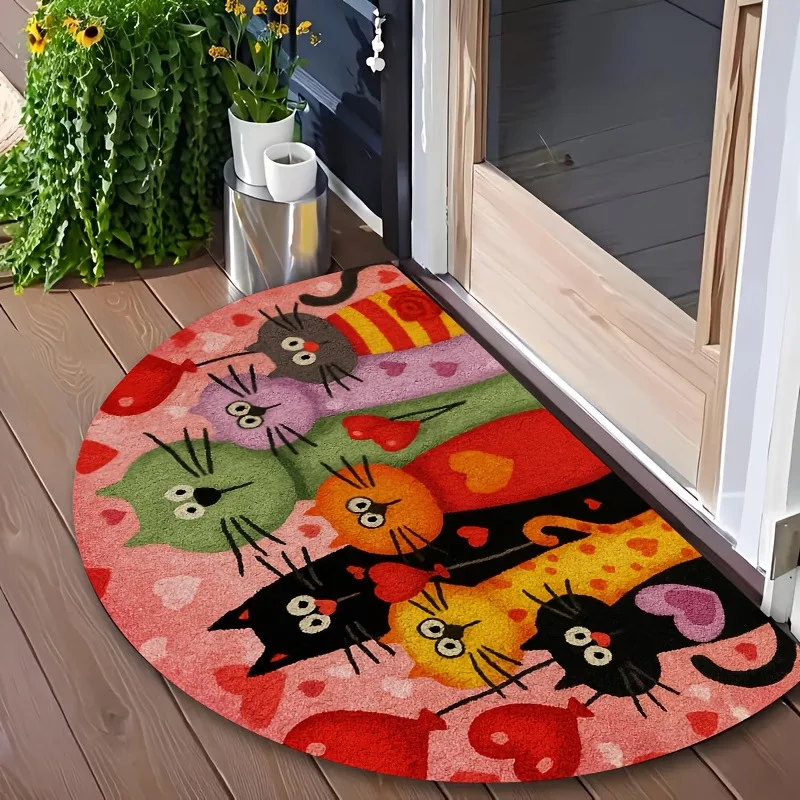 VIKAMA Cute Cartoon Cat Semi-Circle Doormat Non-Slip Washable Indoor Outdoor Entrance Floor Mat Home Decoration