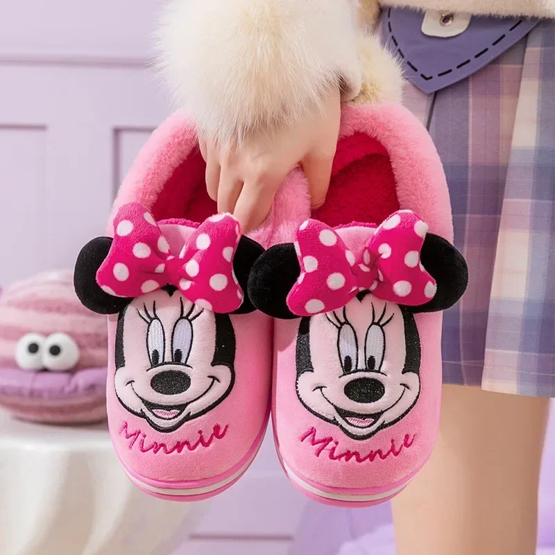 Disney-Pantoufles en coton Minnie pour enfants, vadrouille pour cheveux non alds, chaussures d\'intérieur pour la maison, chaussures chaudes et