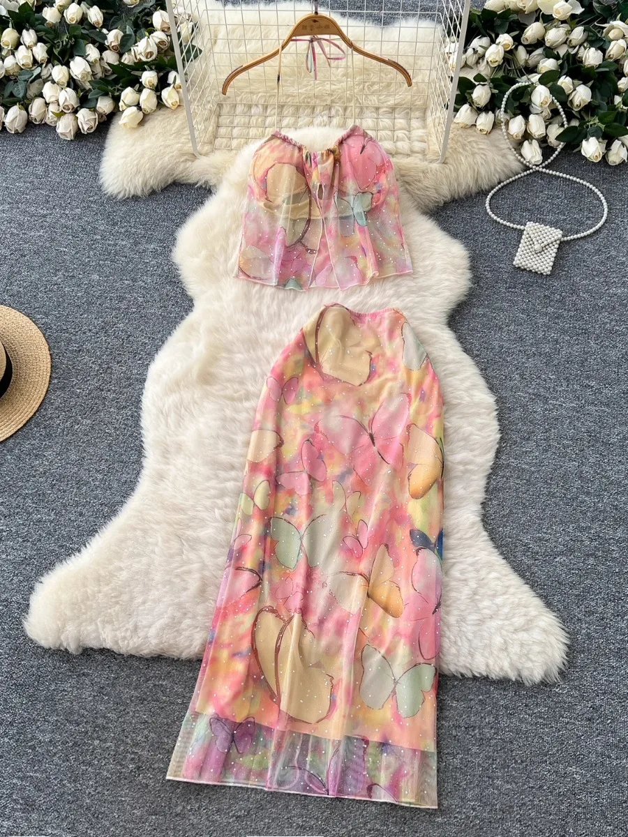 

Foamlina Beach Vacation Style Tie Dye Print Set Women Summer Halter Tube Top + High Waist Slim Fit Long Skirt Outfit 2 Piece Set