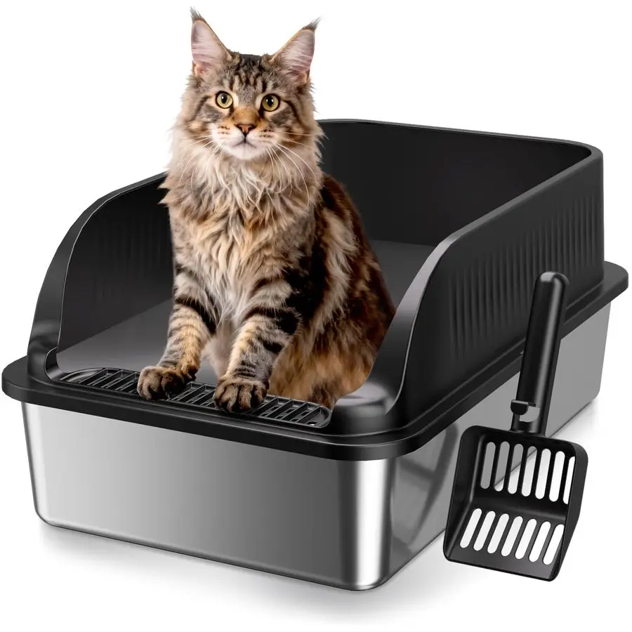 

Steel Cat Litter Box, Extra Large XL Odor Free Metal Litter Box with High Sides Lid, Open Top Litter Pan Include Scoop Easy Clea