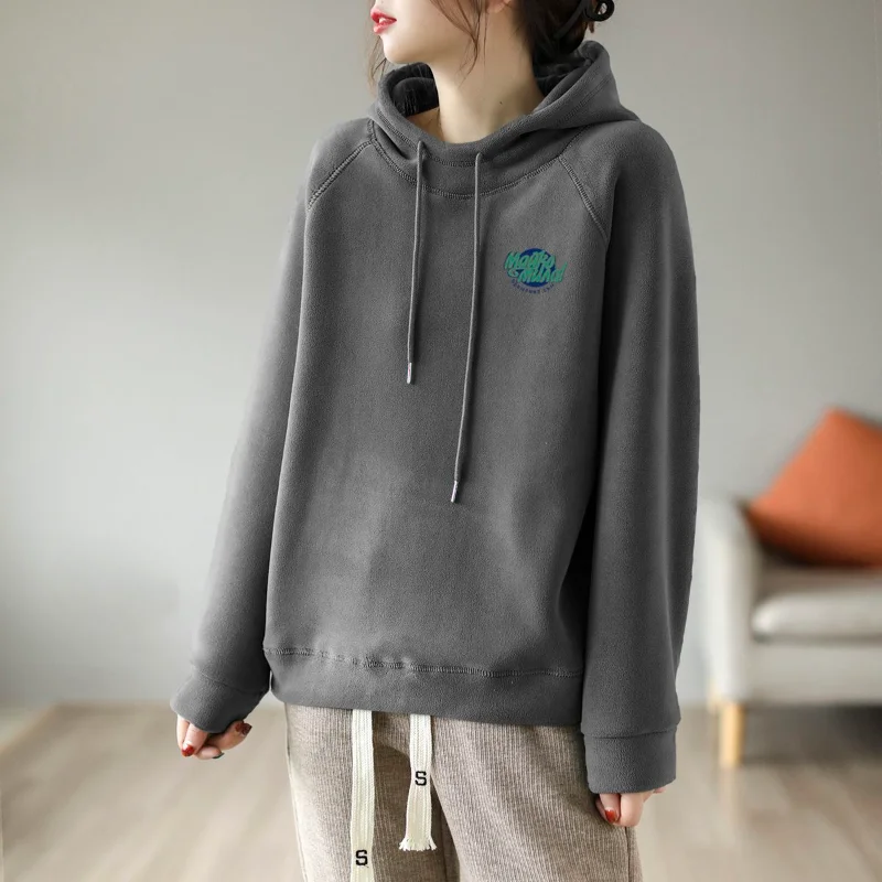 

Double-sided German Velvet Literary New Hooded Sweatshirt for Women Warm Winter Loose Fleece Sweater Top