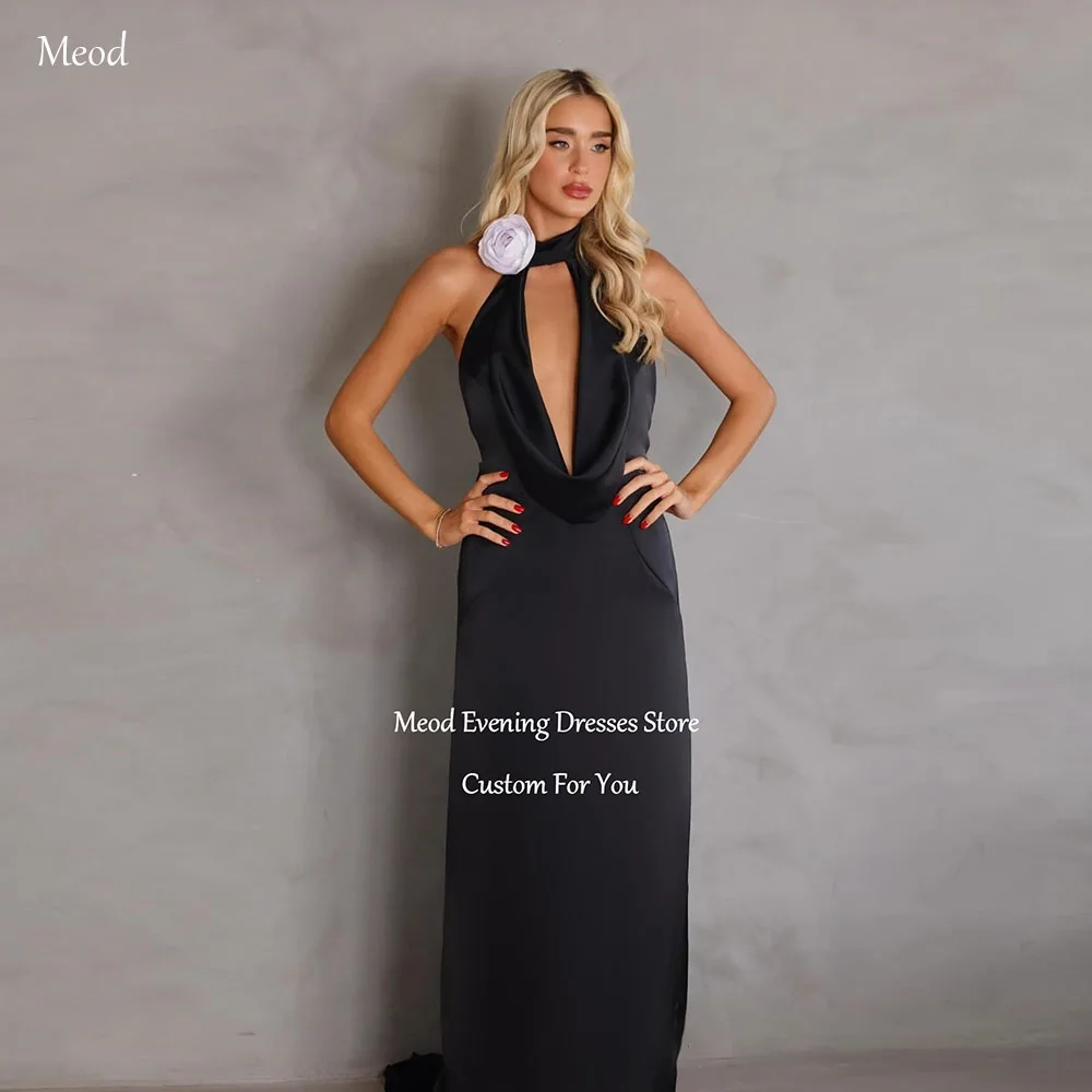 

MEOD Sleeveless Backless Evening Gown Black Satin Mermaid Prom Dresses Elegant Deep V Neck 3 D Flower Party Attire Customized