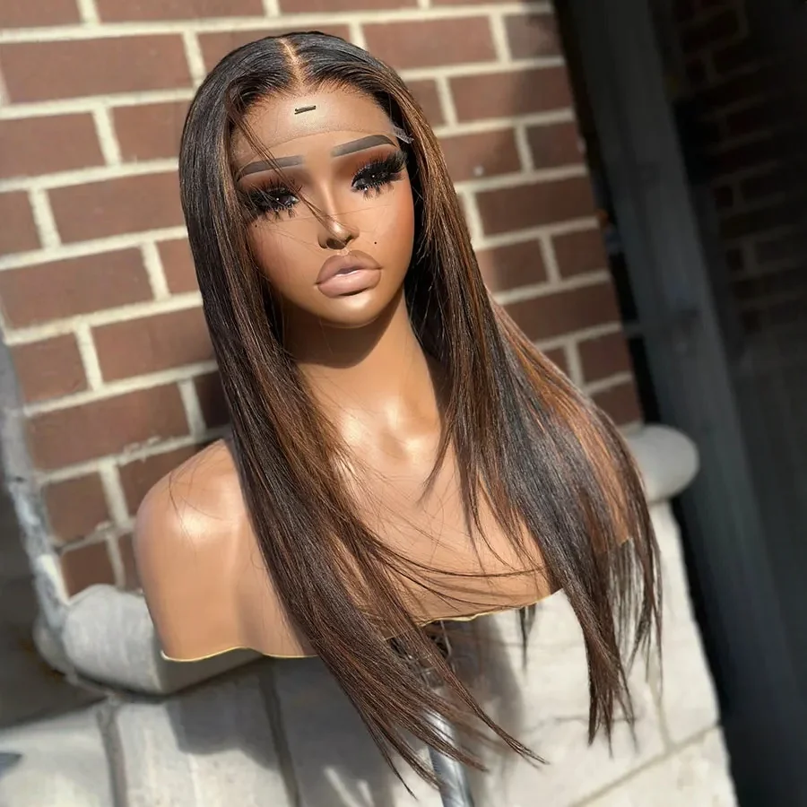 

Highlight Brown Glueless 28 inch Silky Straight 5x5 Silk Base Jewish Human Hair Wig Baby Hair HD Lace European Hair Preplucked