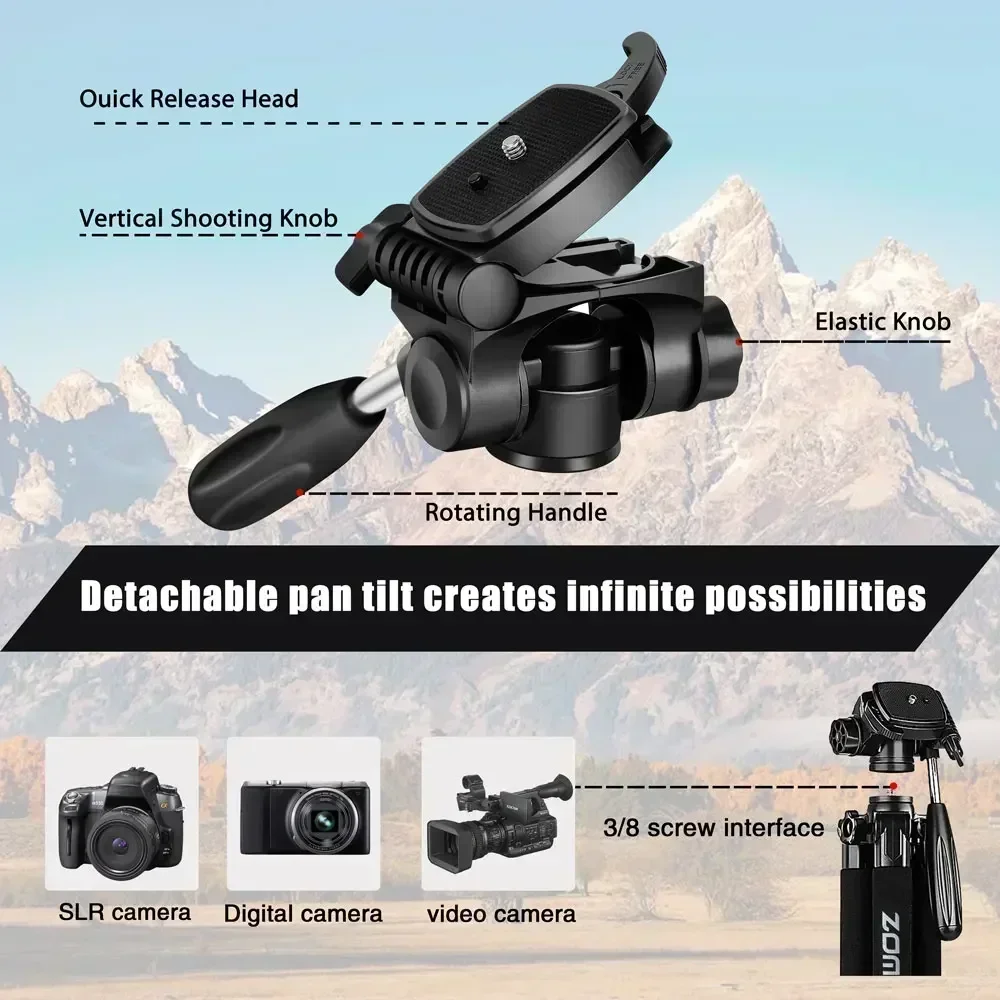 Q188 Professional Camera Tripod Lightweight Travel  Photography Tripod 187cm/73.64\'\' Adjust-height 360° Panorama  with Pan Head