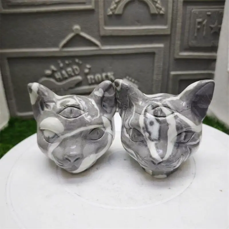 Natural Shellstone Cat Head Carving Quartz Healing Crystal Stone Cute Birthday Present Home Decoration 1set 7X8X8CM