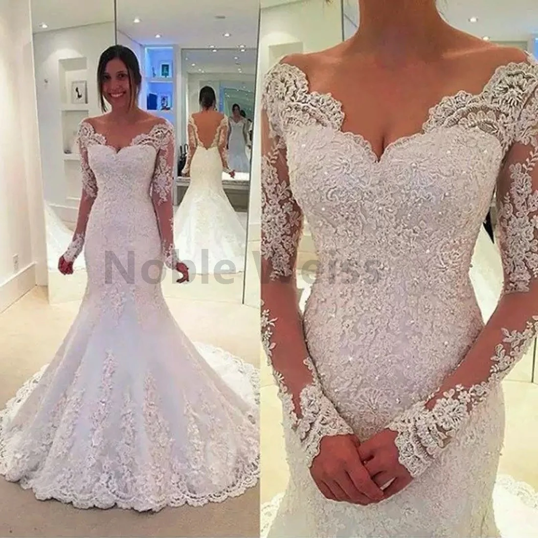 

Lace V Neck Backless Mermaid Wedding Dress Long Sleeve Elegant Bridal Gown Customize