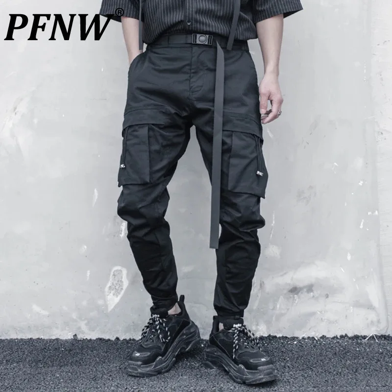 

PFNW Functional Style Men's Pants Slim Belt Multi-pocket Cargo Trousers Binding Straight Leg New Autumn Male Bottom Dark 12C603