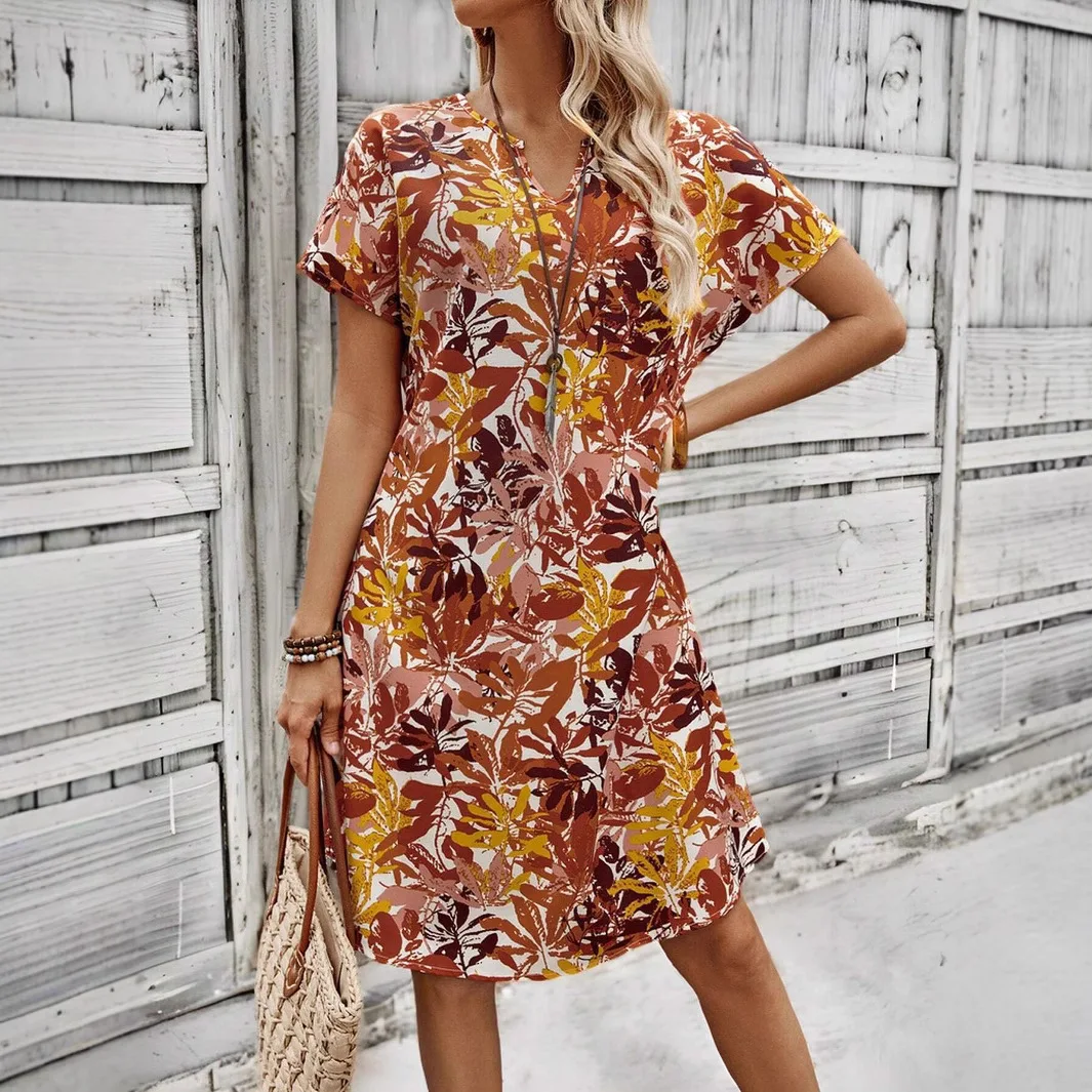 Floral Print Dress With Summer Floral Print Notch Collar Fashionable And Casual Short Sleeved V-neck A-line Dress For Women