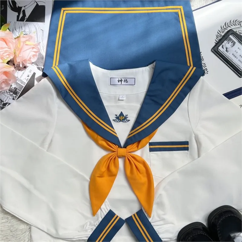 White blue School Uniform Dress Japanese Schoolgirls Sailor Top Tie Pleated Skirt Outfit Cosplay Costume Japan Anime Girl Lady