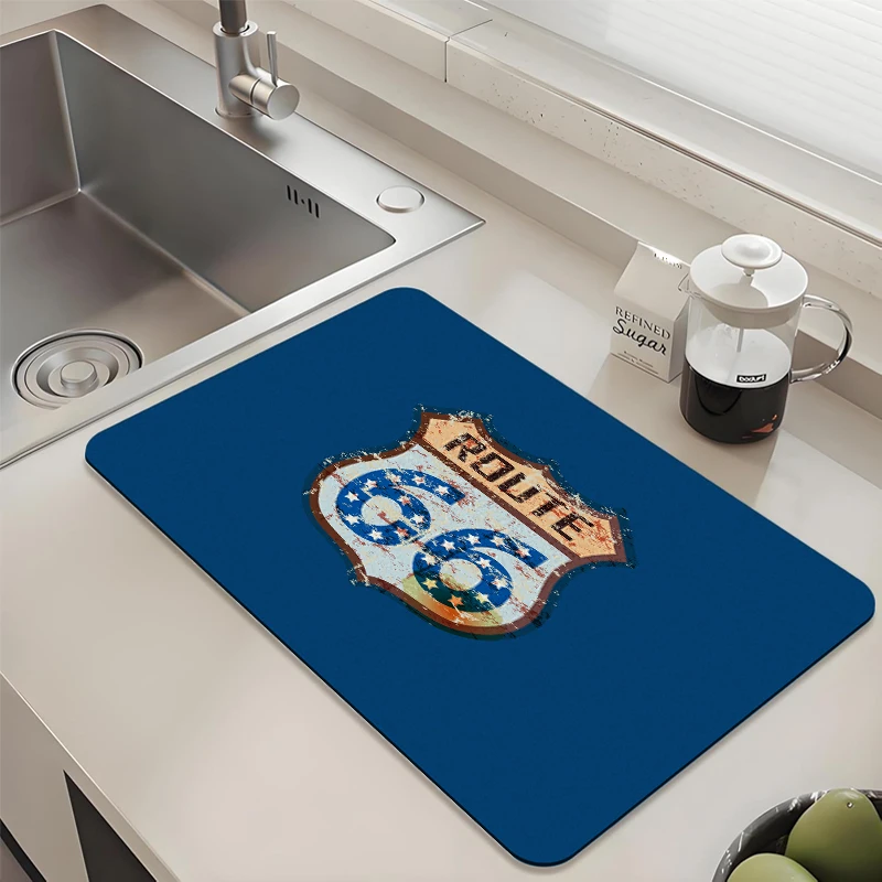

Vintage Route 66 Kitchen Drying Mat Absorbent Non-slip Dish Mat Quick Dry Counter Pad for Kitchen Sink