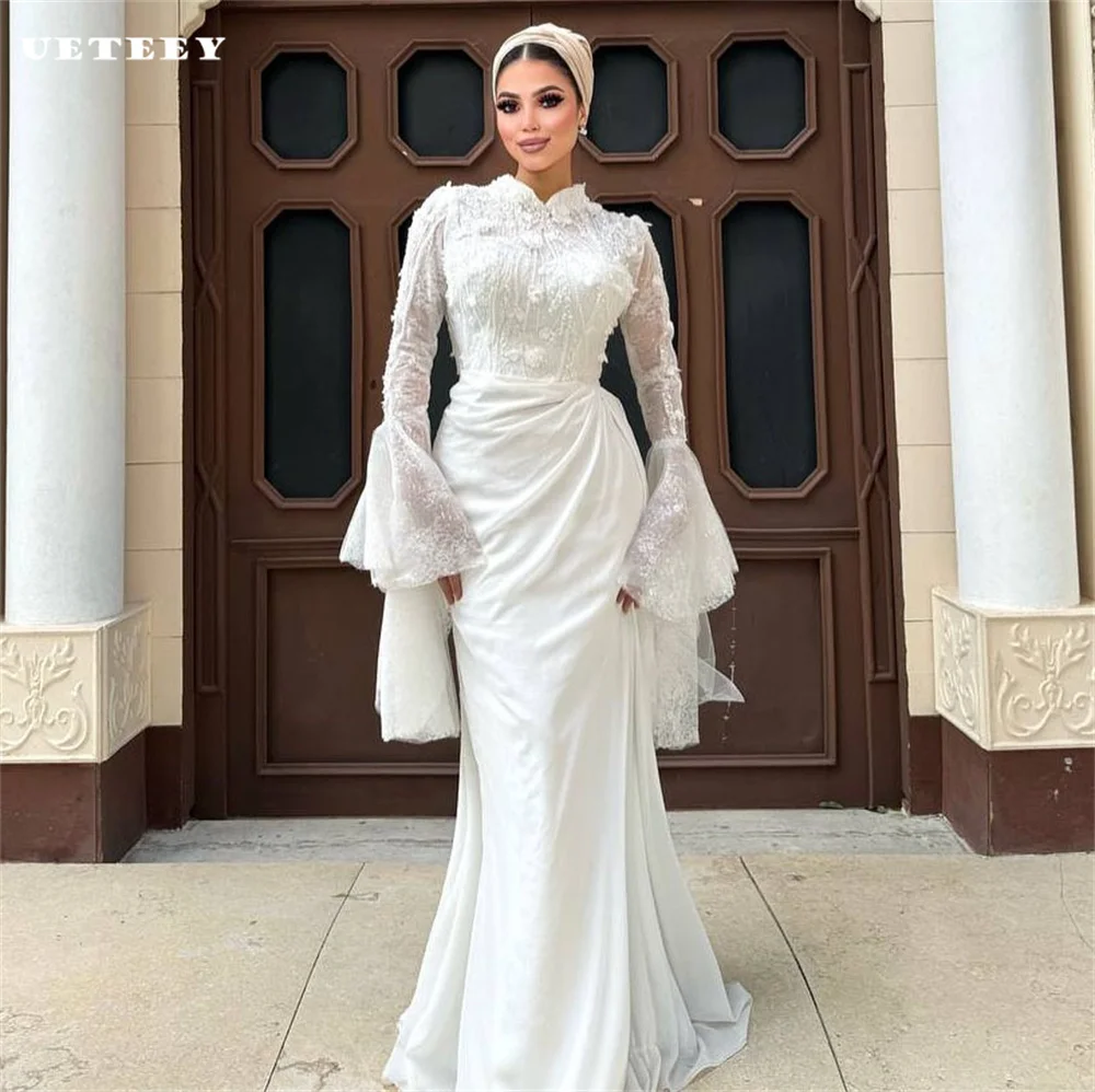 UETEEY Customized Muslim High Neck Lace Long Flare Sleeves Mermaid Wedding Dress Women Pleats Floor Length vestidos de novia