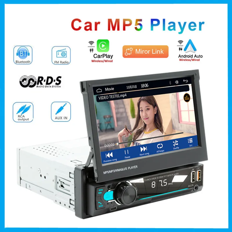 

1 DIN 7 inch retractable screen Bluetooth MP5 player Mirror Link car radio Wired/wireless CARPLAY+Android Auto radio 9901C