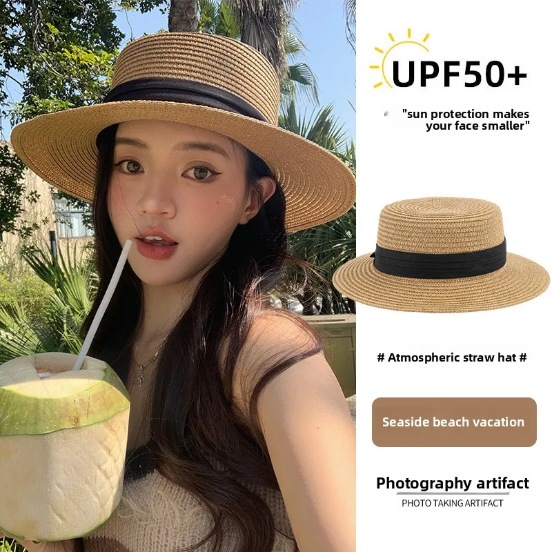 

Новинка 2025, летняя солнечная пляжная женская соломенная шляпа больших размеров во французском стиле, элегантная пляжная шляпа с плоскими полями для отдыха