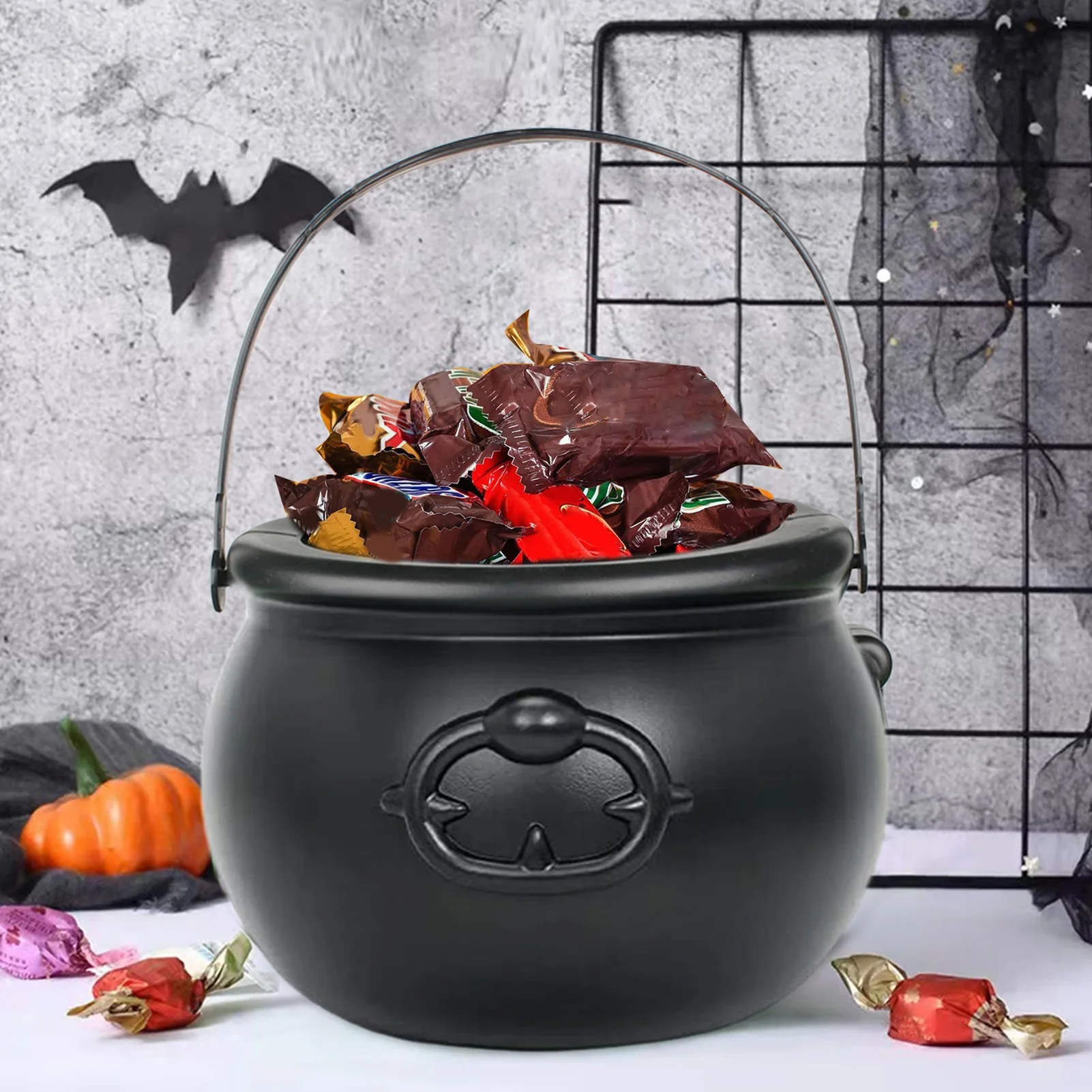 

Halloween Candy Bowl Decorations, Black Plastic Cauldron Bowls with Iron Rack, Halloween Party Decorations Candy Bucket