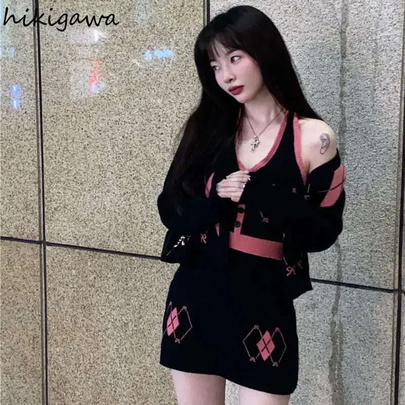 Hikigawa Korean Fashion Knit Suit Loose Cardigan Sling Vest Bodycon Mini Skirt Chic Knitted Y2k 3 Piece Set Women Femme Roupas