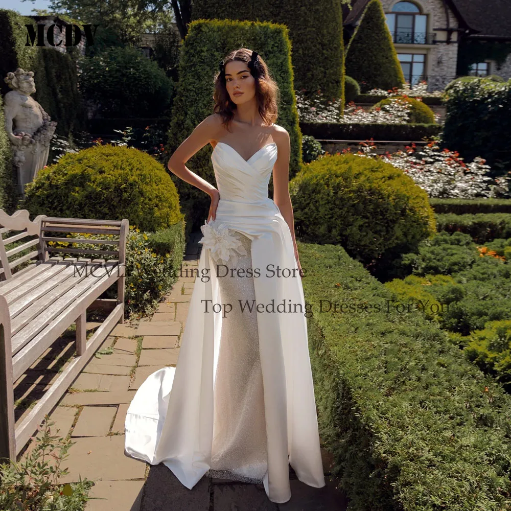 

MCDV Flowers Mermaid Satin Wedding Dress Strapless Pleat Sleeveless Glitter Bride Party Gowns vestidos de novia Customized