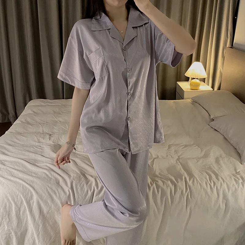 

Summer Lapel Cardigan Women's 2 Pieces Set Ice Silk Soft Short Sleeves Sleepwear for Women Solid Color Elegant Women's Sets