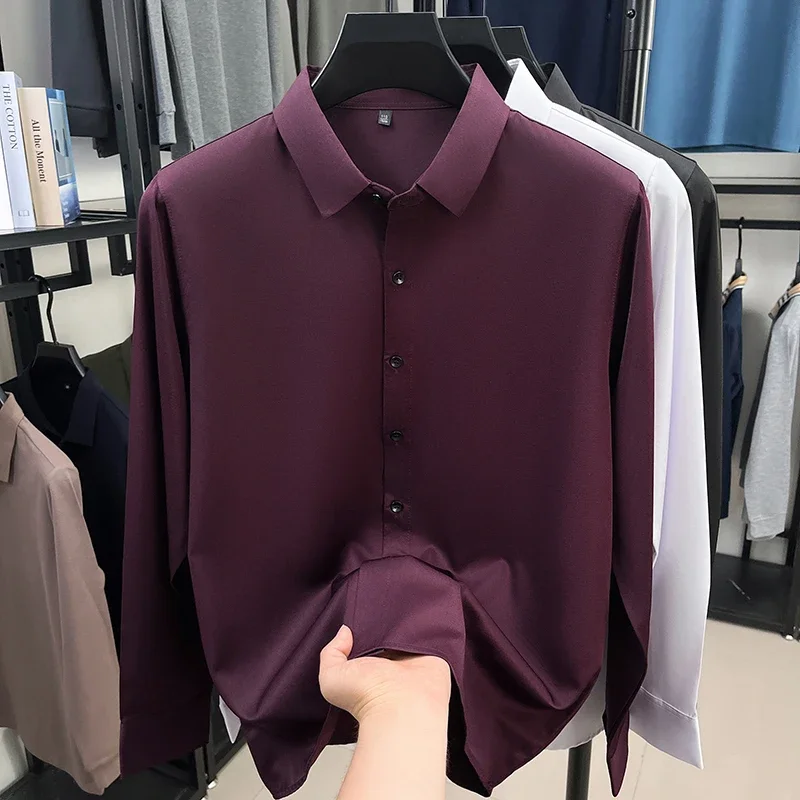 

Mens Business Solid Color Long Sleeve Shirt Slim Fit Tops Wrinkle Resistant Breathable Shirts For Men Daily Activities