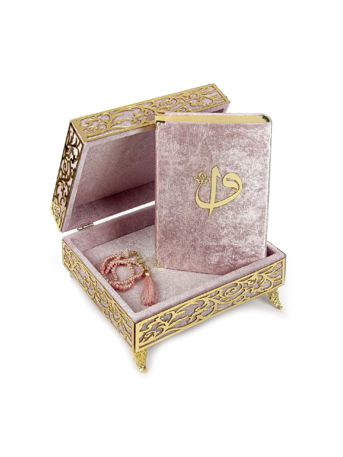 Special Elif Vav Plexi Decorated Gift Quran with Velvet Covered Footed Quran Pink