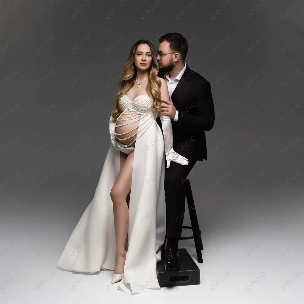 Ivory Off Shoulder Maternity Dresses Pearls Chain Pregnancy Photoshoot Dress No Gloves Sweetheart Maternity Gown Front Split