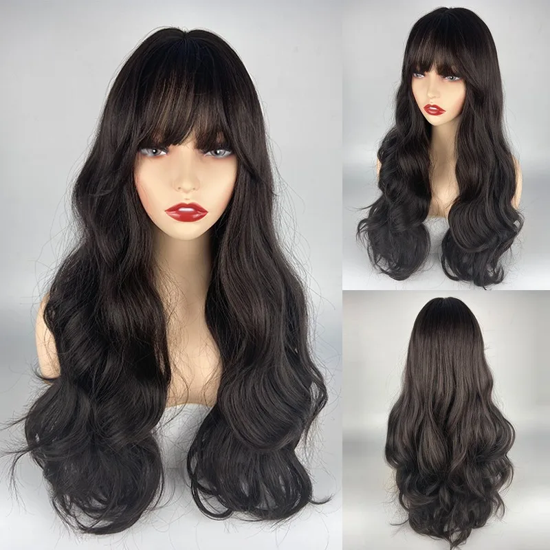 

Layered Heat Resistant Hair Long Wavy Costume Wig With Bangs Black