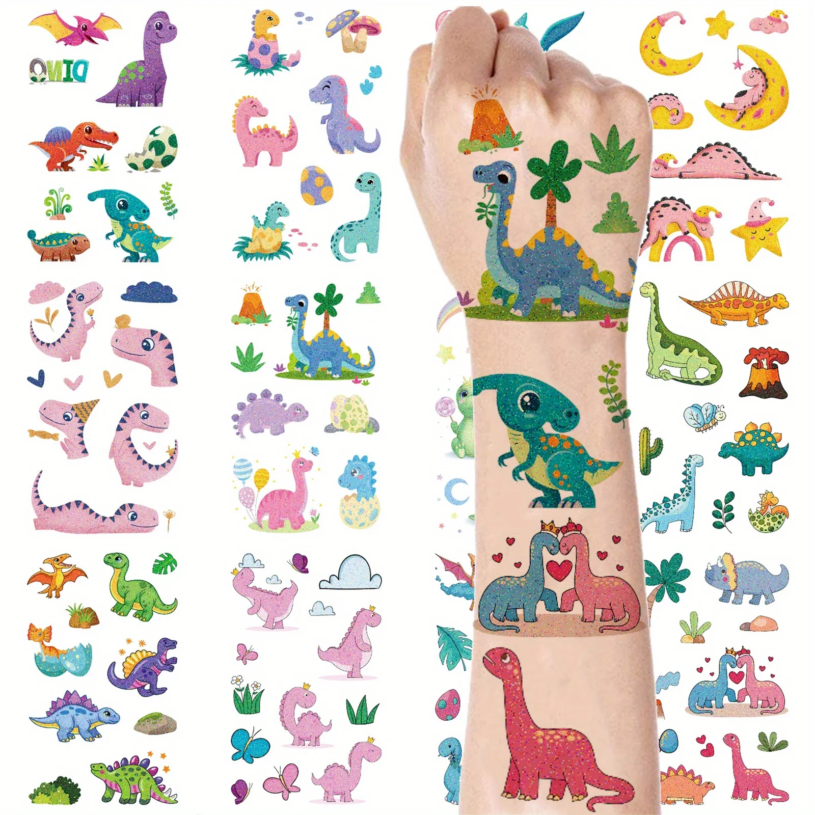 12 قطعة من ملصقات الوشم المؤقت على شكل ديناصور متلألئ، تصميم لطيف مقاوم للماء التيروصور تيرانوصور ريكس ترايسيراتوبس