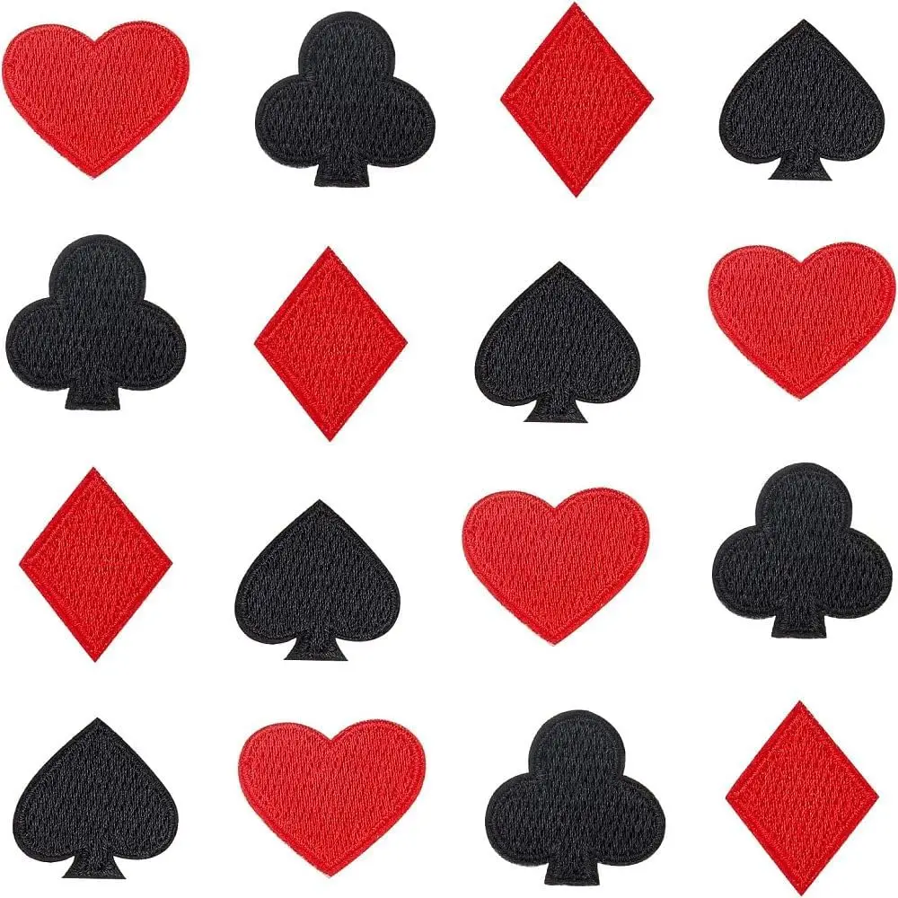 40pcs Playing Cards Patch Self-Adhesive/Sew Poker Appliques Patches Spades/Red Diamonds/Black Club/Red Heart Computerized