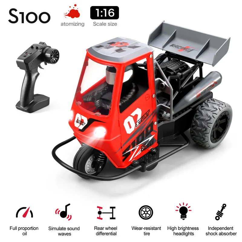 Electric Remote Control Stunt Drift Racing Car Model 1/16 Scale Three-Wheel Design with LED Lights 25km/H Speed