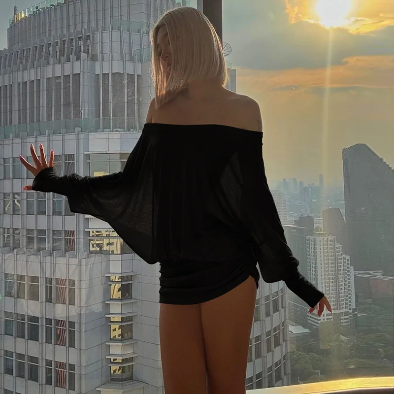 Sommer Mode Sexy Lange-ärmeln Kleid Frauen Silm Casual Mini Kleider Off Schulter Kurze Lose Hemd Coquette Süße Y2k kleidung