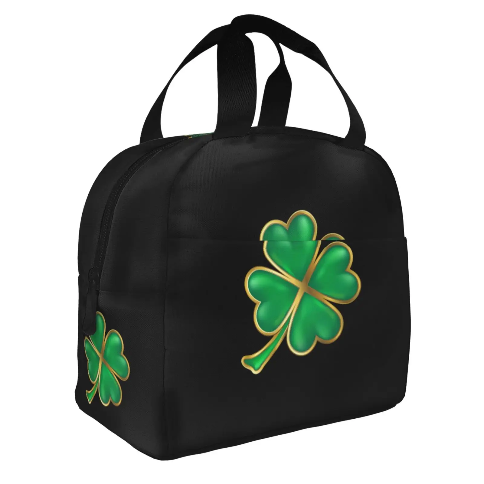 Cute St. Patrick's Day Lucky Shamrocks Lunch Tote Bag Insulated Leakproof Lunch Box Container with Front Pocket for Girls Boys