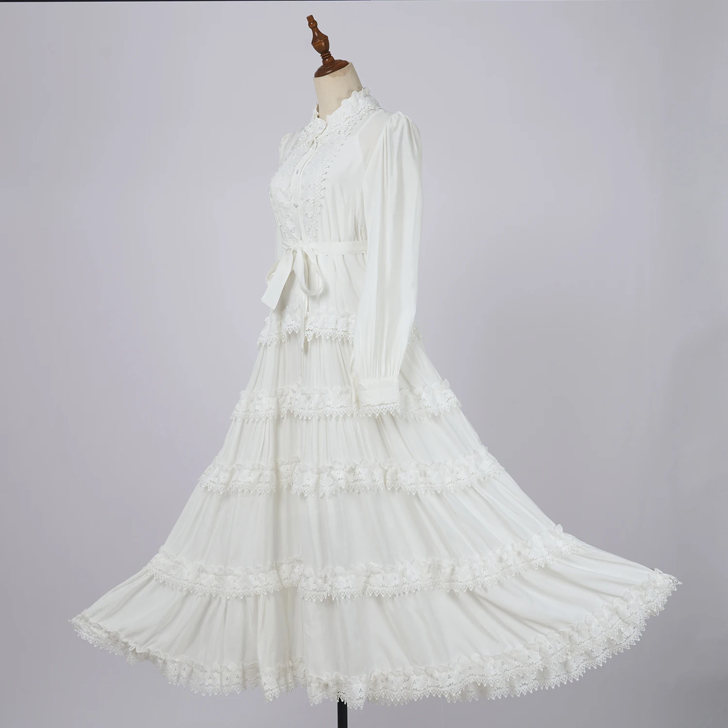 Robe de Soirée en Dentelle Brodée à Volants pour Femme, Tenue de Bal, Manches sulfLanterne, Ceinture Éducative, Automne