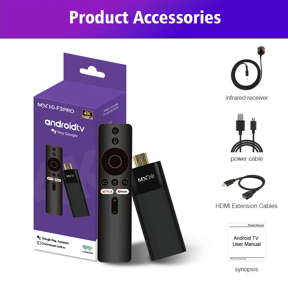 MX10‑F3PRO Smart TV Stick 4K TV Converter Allwinner H313 Cortex‑A53 Android 13 Media Player Over 70 Languages