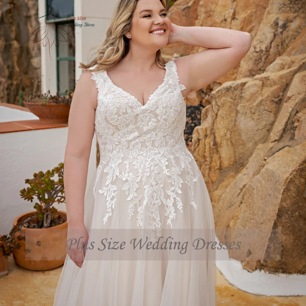 Classic A-Line Wedding Dresses Plus Size V Neck Sleeveless Bride Gowns Appliques Back Lace Up Sweep Train Tulle Vestido De Noiva