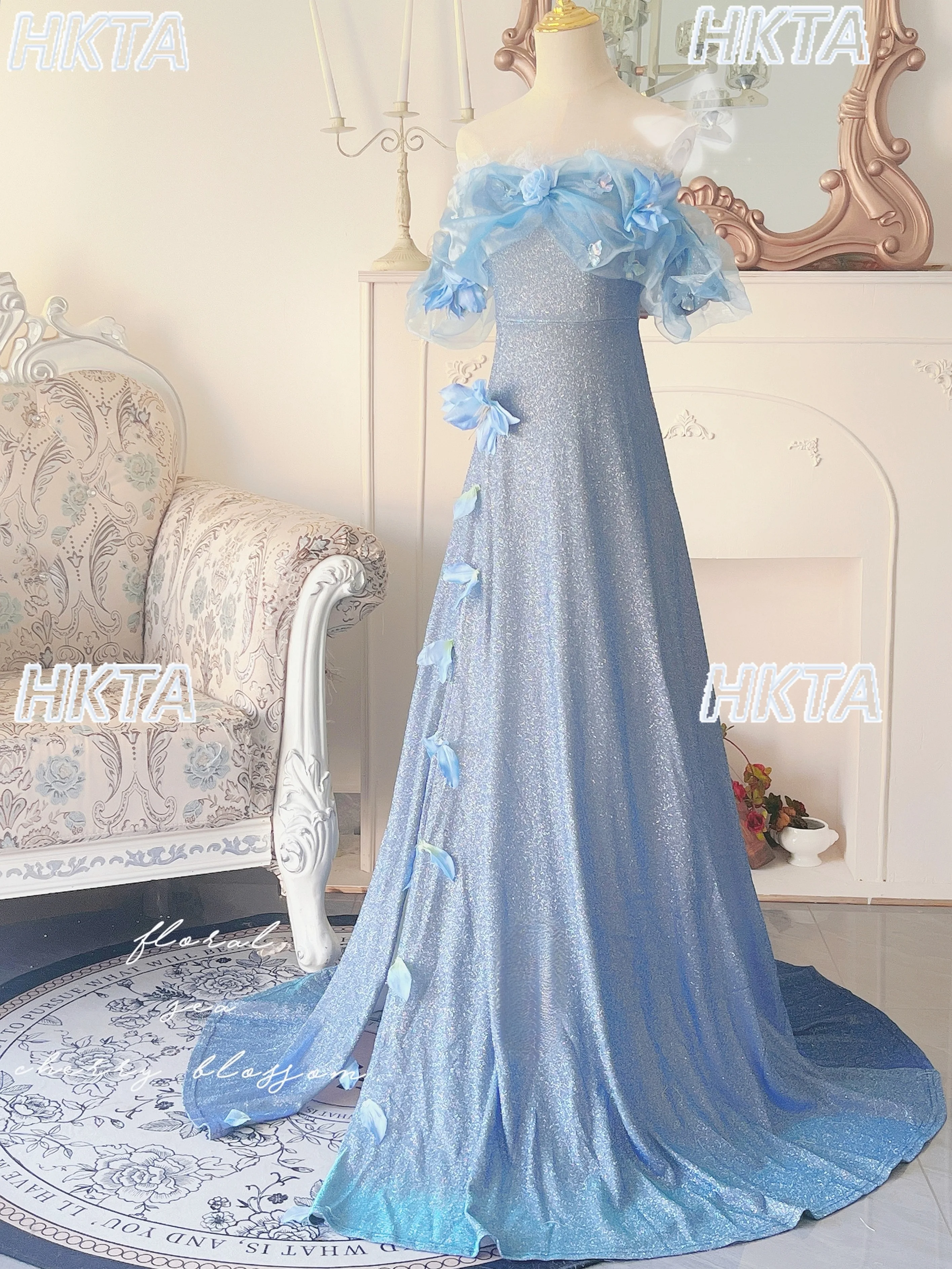 Elegante prachtige handgemaakte blauwe gepolariseerde groene prinsessenjurk zomer zoet uit de schouder slanke verjaardag swingende jurk dames