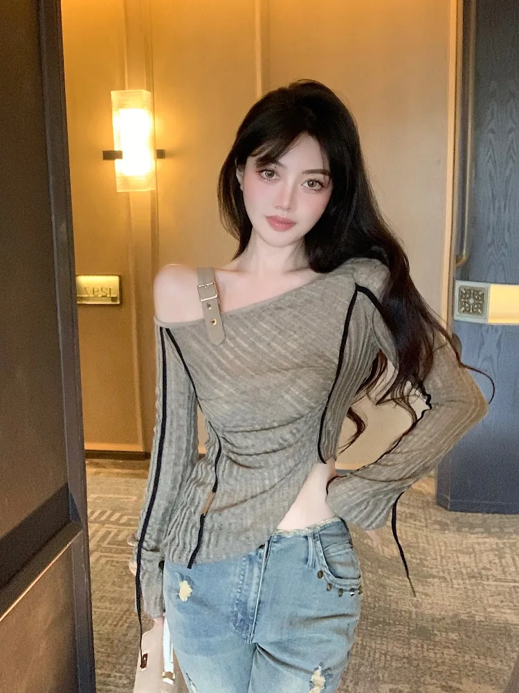 

American Style Spicy Girl Knitted T-Shirt Women's Autumn Long Sleeve Shoulder Bared Slim Fit Casual Fashion Design Sense
