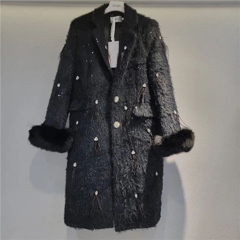 VGH Spliced Tassel Coat for Women Lapel Long Sleeve with Fur Patchwork Dimonds Elegant Blazer Trench Female Clothes Winter Style