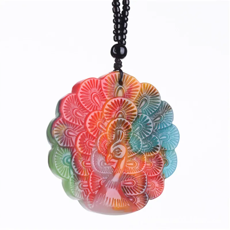 Natural Hetian Color Jade Peacock Pendant Necklace Carved Fashion Charm Jewelry Accessories Jadeite Amulet Gift for Women Luxury