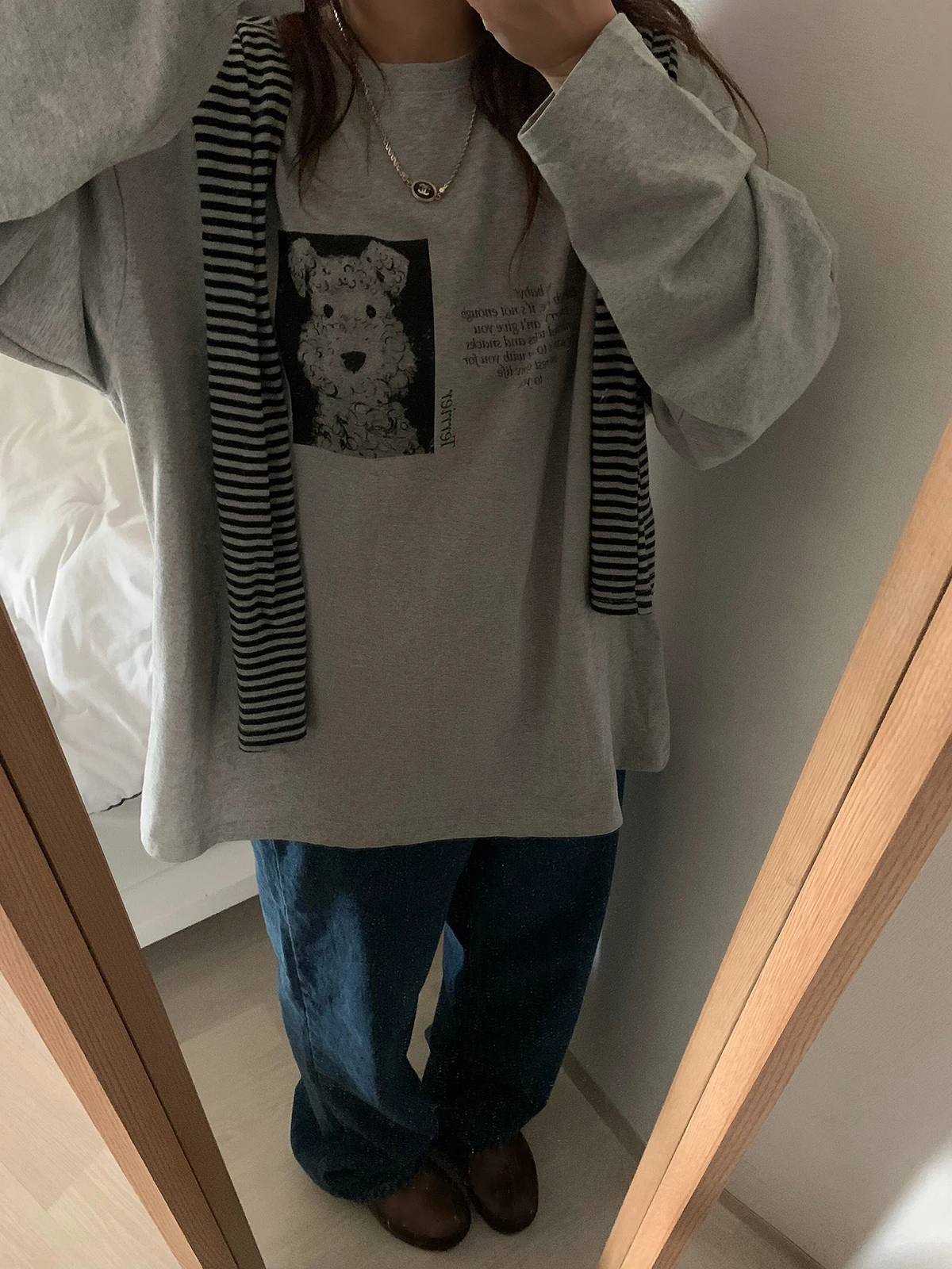 Sakura Active Dog Print round Neck Long Sleeve Women's Tee Loose Fit Pure Cotton Korean Style Base Layer Shirt