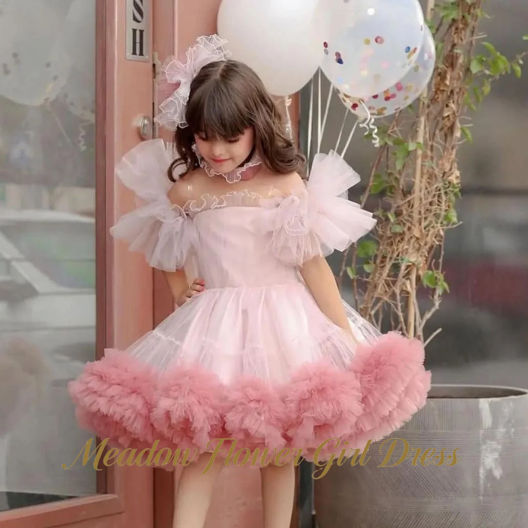 

Meadow Blush Pink Princess Girls Dress Off the Shoulder Ball Gown Party Tutu Dresses Sweet Lace Neckline Tutu Fluffy Prom Gown