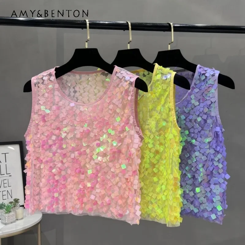 

2024 Autumn Fashion Sparkling Big Sequin Embroidered Camisoles French Temperament Thin Sleeveless Short O-neck Vest Women's Tank