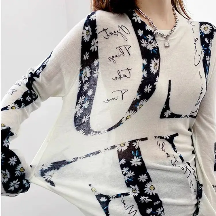 

Tops Women Top Round Neck Knit Full Sleeve Print Floral Casual Thin Sexy Y2k Streetwear Elegant Work Slim Fit Spring 2026