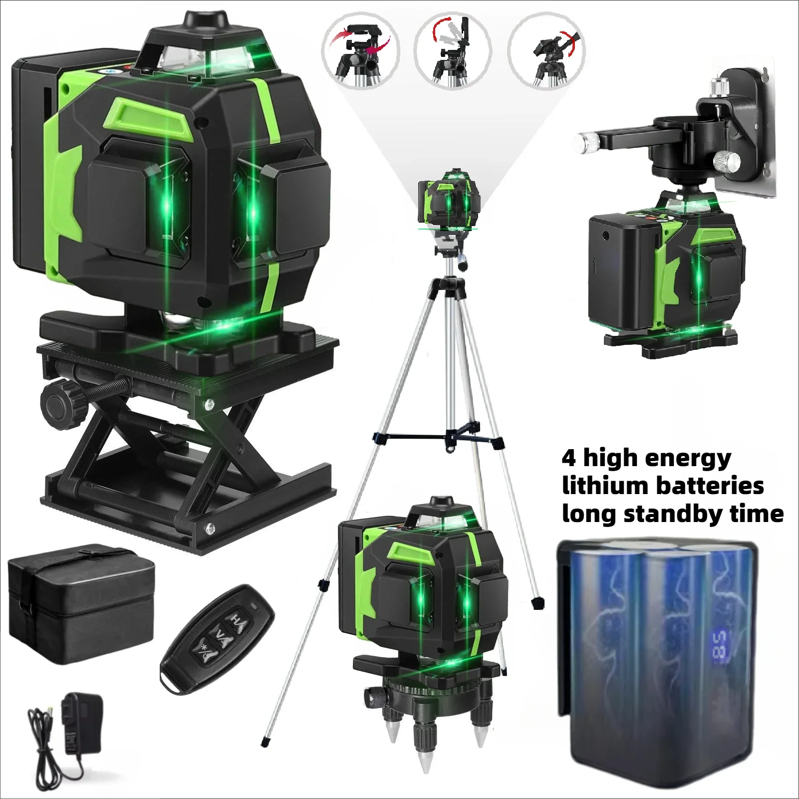 점보 대용량 배터리 미니 레이저 레벨 16라인 자동 수평 360 °   건설 공구용 미국 및 EU 플러그