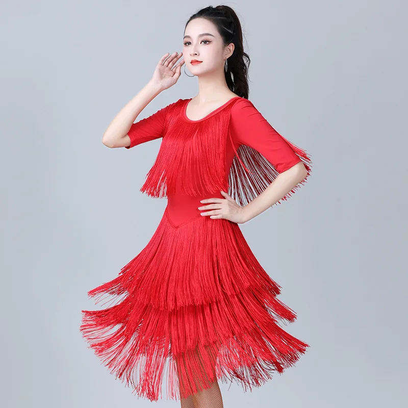 New Adult Women Fringe Latin Dance Costume Female Tassel Skirt Ballroom Dancing Practice Clothing Stage Professional Performance